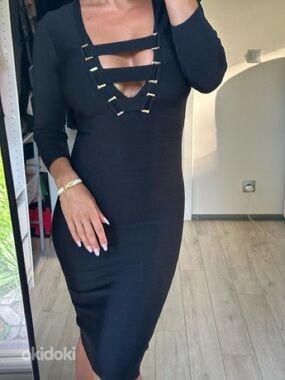Marciano Black Long Sleeve Bodycon Dress with Gold Accent Straps